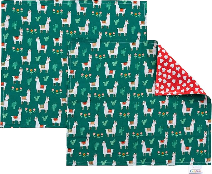 Funkins Reusable Cloth Placemats for Kids & Lunch Boxes | Reusable, Eco-Friendly | 15"x13", 2-ply, Thick, Absorbent, Machine Washable | Set of 2 Placemats (Llamas)
