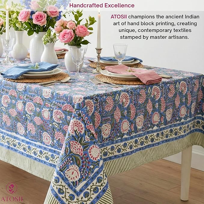 ATOSII Clover Pink 100% Cotton Fall Tablecloth, Handblock Print Rectangle Table Cover for Kitchen Dining Linen I Parties, Weddings, Outdoors, Easter Table Cloth Decor 60 X 90 Inches I 6 Seater