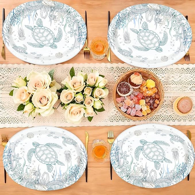 50 Pcs Coastal Turtle Oval Paper Plates 10" x 12" Large Heavy Duty Disposable Ocean Green Sea Turtles Plates Coral Starfish Platters for Coastal Summer Birthday Picnic Party Decorations