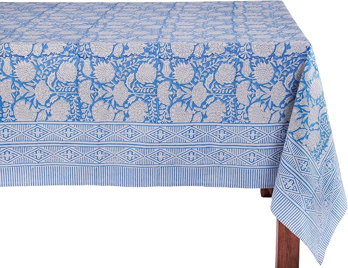 ATOSII Azora Blue 100% Cotton Rectangle Fall Tablecloth, Handblock Floral Print Linen Table Cloth for Kitchen Dining I Parties, Outdoors, Christmas, Thanksgiving I 72 X 120 Inches I 10 Seater