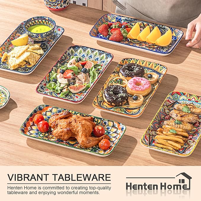 Henten Home Porcelain 10 Inch Dinner Plates, Ceramic Rectangular Salad Plate Set of 6, Bohemian Serving Dishes for Sushi, Pasta, Appetizer, Microwave & Dishwasher Safe