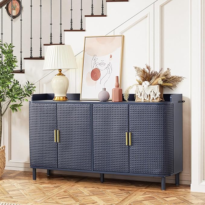 ORRD 4 Doors Storage Cabinet, 2 Tier Wooden Storage Organizer Cabinet with Adjustable Shelf, Sideboard Buffet Cabinets with Iron Curved Doors Accent Shoe Rack for Entryway Hallway Living Room (Blue)