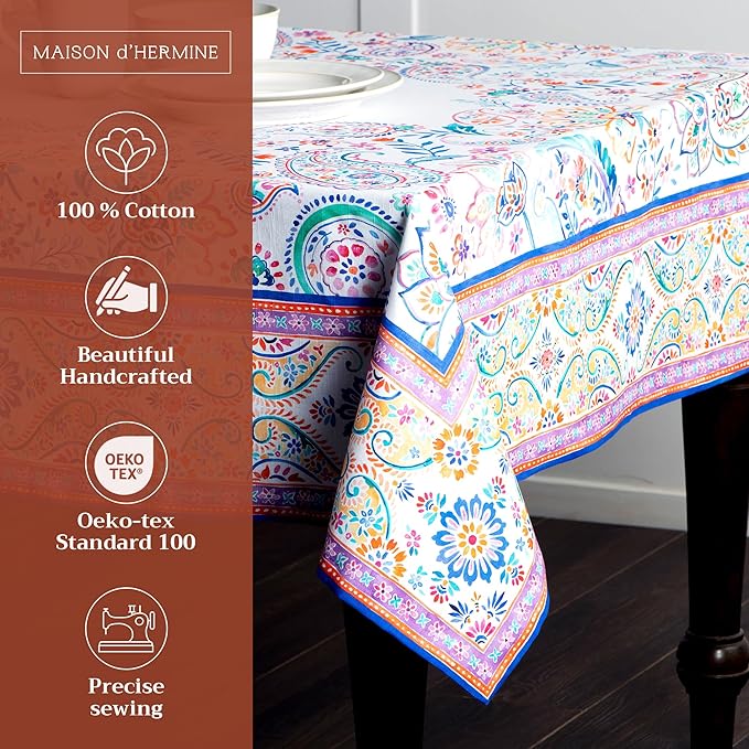 Maison d' Hermine Table Cloth Rectangle Table 100% Cotton 60 x 120 Inches Tablecloth Reusable Decorative for Dining Room Farmhouse Home Valentines Day Decorations Spring Summer - Indian Floral