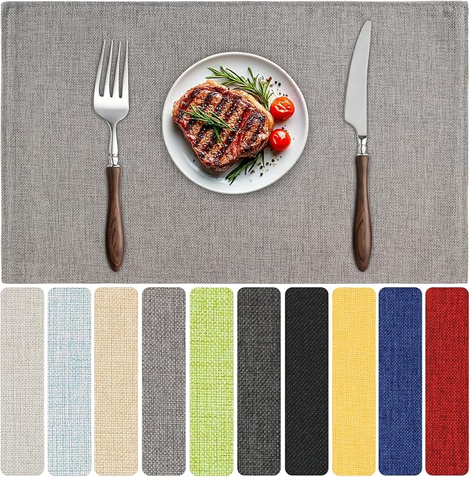 Blue Forest Placemats Set of 8, Dual-Layered Thickened Faux Linen Table Mats Heat Resistant Machine Washable Wrinkle Free Place Mats for Kitchen Dining Outdoor/Indoor (Light Grey)