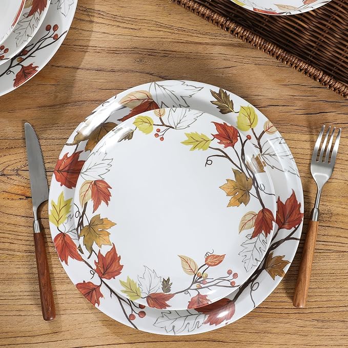 Melamine Dinnerware Sets 12 Pcs, Melamine Plates and Bowls,Party Plates and Bowls Sets, Camping Dishes Set for 4, Unbreakable, BPA Free, Dishwasher Safe（Yellow Maple Leaves）