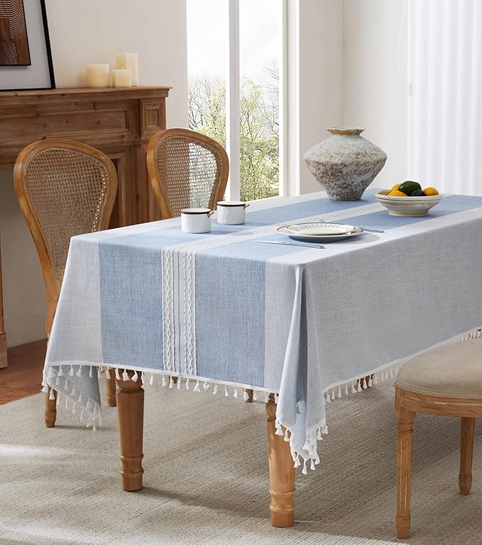 ZeeMart Contrast Linen Table Cloth Rectangle Table Cloths 52x70 Inch Mid-Stripe Blue, Farmhouse Style Heavy Weight Dusty Blue Tablecloth, Water Resistant Burlap Tablecloths