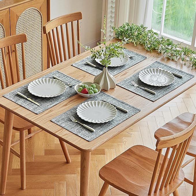 Softalker Faux Linen Placemats Set of 8-12 x 18 Inch, Heat Resistant Double Layered Durable Burlap Farmhouse Place Mats, Non-Slip Washable Rustic Table Mats for Dining, Kitchen, Party（Ash Grey