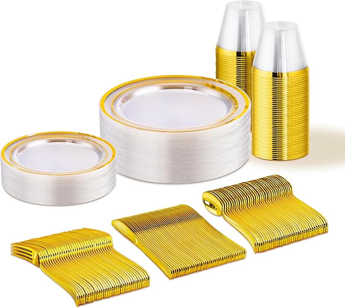 150 PCS Clear Gold Disposable Dinnerware Set for 25 Guests, Clear and Gold Plastic Plates for Party, 25 Dinner Plates, 25 Salad Plates, 25 Cups, 25 Spoons Forks Knives for Wedding and Party Supplies