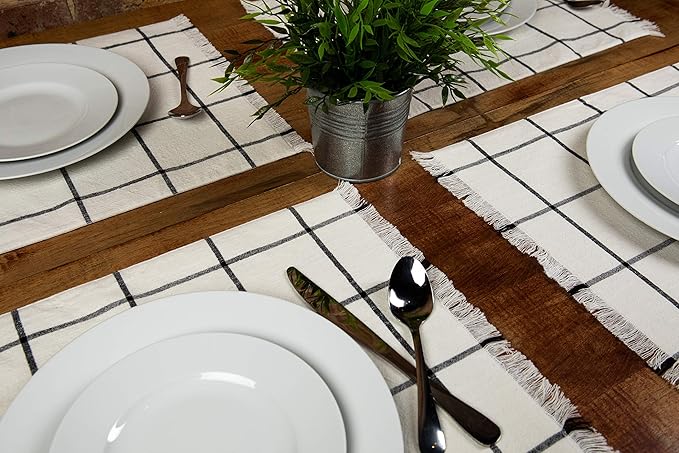 Sticky Toffee Woven Cotton Placemats Set of 4, Cream Farmhouse Plaid, 14 x 19 in, Washable Table Mats for Kitchen or Dining Table