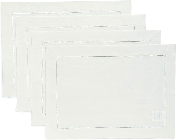 Solino Home Linen Placemats Set of 4 - Classic Hemstitch Ivory Placemats 14 x 19 Inch - 100% Pure Linen Table Mats for Spring, Easter