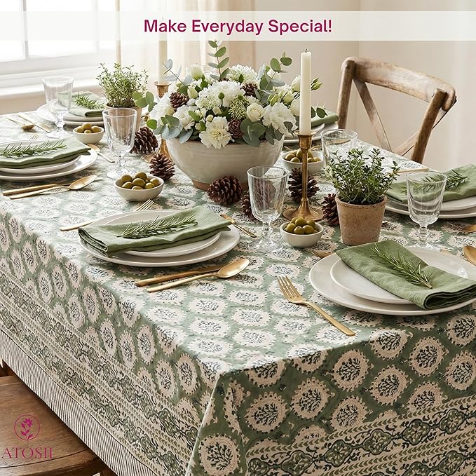ATOSII Kari Green 100% Cotton Rectangle Fall Tablecloth, Block Print Floral Table Cloth Linen for Dining Parties Outdoors Christmas Thanksgiving Grandmillennial Home Decor 72 X 140 Inches I 12 Seater