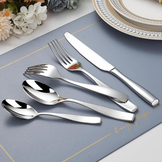 70 Piece Silverware Set 18/10 Stainless Steel, Flatware Set for 12 With 2 Sets of Serving Utensil, High End Heavy Duty Silverware Set, Dishwasher Safe, Ideal for Gift