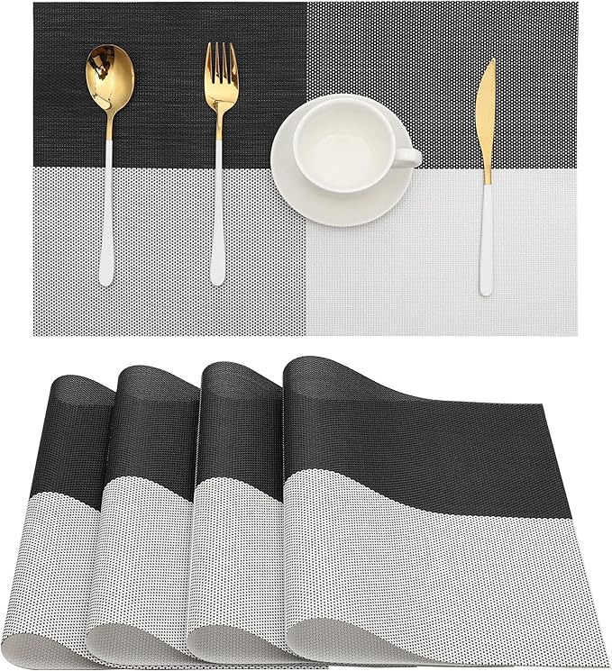 HeloHo Placemats Set of 4 Black and White Grid PlacematsPlacemats Washable Vinyl Woven Table Mats Wipeable Dining Placemat for Kitchen Dining Table Decoration Indoor Outdoor