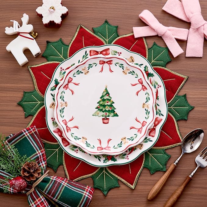 Bico Ribbon Christmas Scalloped Salad Plates Set of 4, 8.75 Inch Ceramic Dessert Plates for Salad, Appetizer, Side Dishes, Microwave and Dishwasher Safe, Gift for Housewarming and Christmas