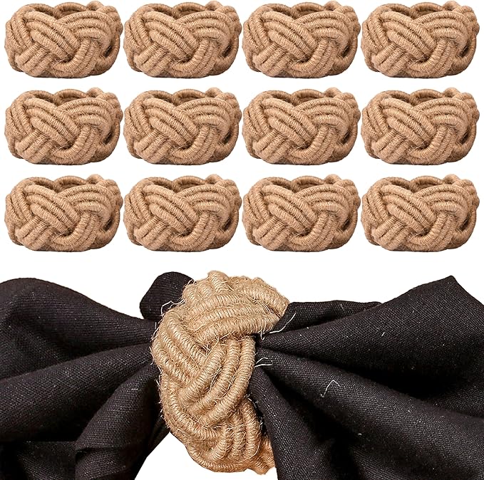CLEENTABLE Farmhouse Napkin Rings Set of 12 - Nautical Woven Round Coastal Jute & Cotton Tabletop Decor for Weddings, Parties, Everyday Dining, Gifting - Easy to Clean (Brown)