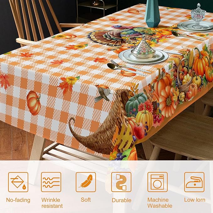 Thanksgiving Tablecloth Rectangle 60 x 120 Inch, Turkey Pumpkins Table Cloth Holiday Indoor Decor for Dining Room Party