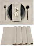D'Moksha Homes Linen Placemats Set of 4-100% Pure Linen Natural Placemats 14 x 19 Inch - Classic Hemstitch, Washable Natural Placemats for Christmas Decor, Holiday