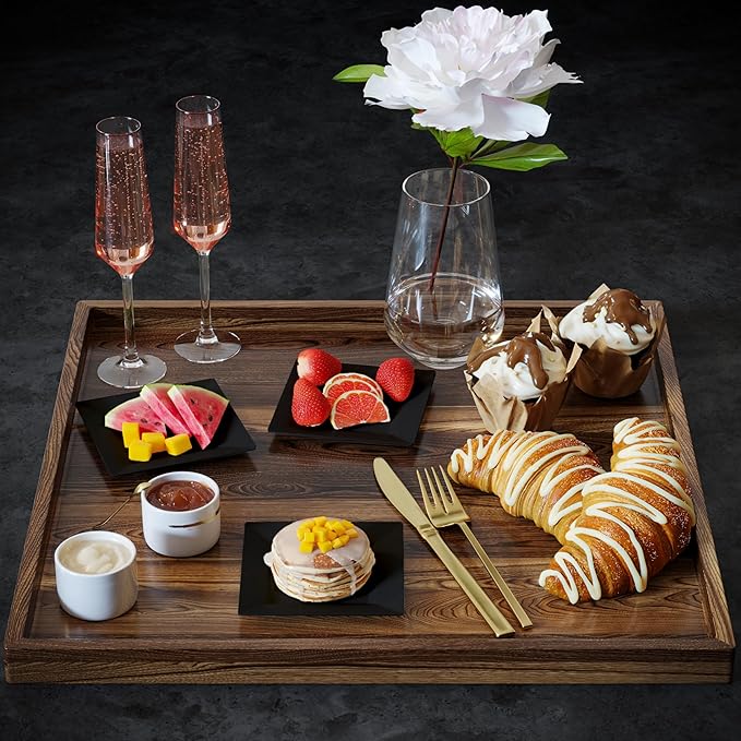 Exquisite Mini Disposable Appetizer Plates - 100 Pack 4.5 In. x 4.5 In. Black Plastic Dessert Plates - Elegant Design for Weddings, Birthdays, and Formal Parties - Stackable and Convenient - BPA Free