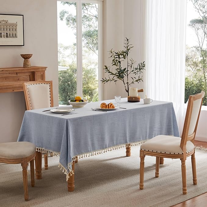 Linen Tablecloth with Tassels, Farmhouse Style Blue Tablecloth, Water Resistant Burlap Tablecloths for Square Table, 52x52 Inch Blue