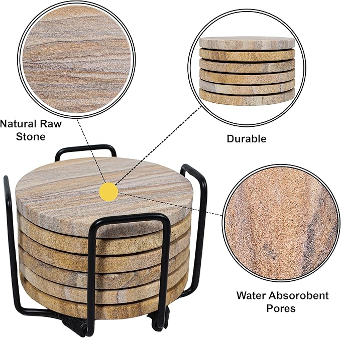 Sandstone Water Absorbent Hand Crafted Round Coasters for Drinks - 4 Inches Wide Thirsty Stone Bar/Drink Coasters- Made from Rainbow Sandstone (Set of 6 with Holder)