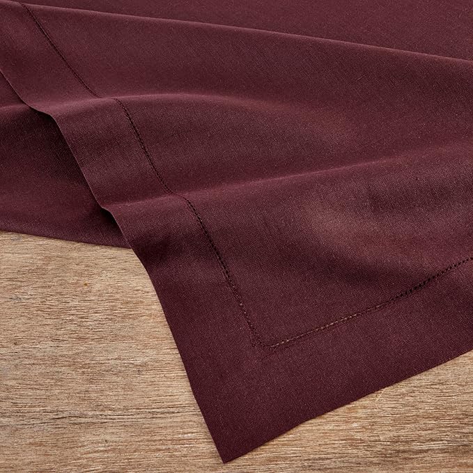 Solino Home Linen Burgundy Tablecloth 60 x 132 Inch - Classic Hemstitch, 100% Pure Linen Rectangular Tablecloth - Machine Washable Table Cloth for Valentines