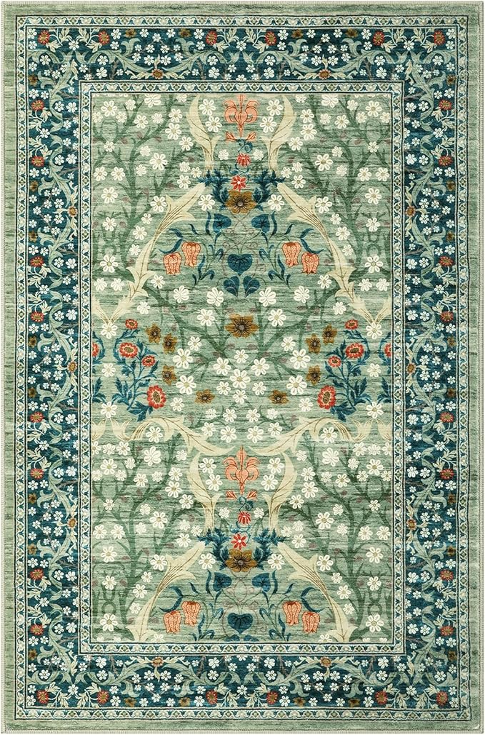 GarveeHome Floral Entryway Rug, 2x3 Washable Front Door Entry Throw Rugs Indoor, Non Slip Bathroom Small Rugs, Boho Thin Rug for Kitchen, Soft Carpet Mat for Bedroom Bathroom, Sage Green