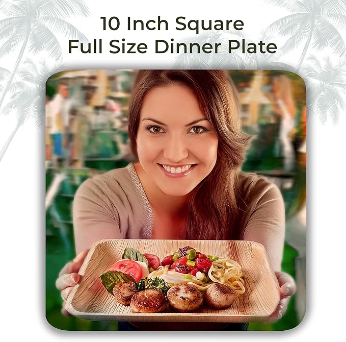 Indie Palm Disposable Palm Leaf Plates – 100 Pack 10 Inch Square – Heavy Duty, 100% Compostable & Biodegradable – Eco-Friendly Alternative to Plastic & Bamboo – Perfect for Parties & Events