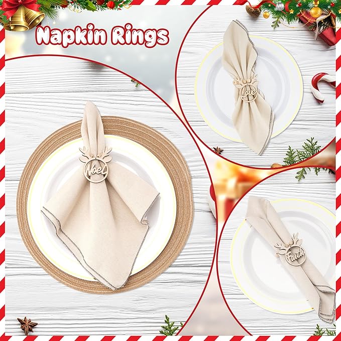 Christmas Napkin Rings Set of 12, Christmas Wooden Reindeer Napkin Rings for Winter Table Decorations, Wooden Farmhouse Napkins Holder for Xmas Holiday Wedding Party Home Ornaments