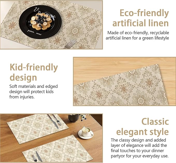 Elegant Beige and Brown Floral Pattern 12x18 Inch Placemats Set of 6 - Waterproof, Non-Slip & Washable Table Mats for Kitchen & Dining Table Placemats
