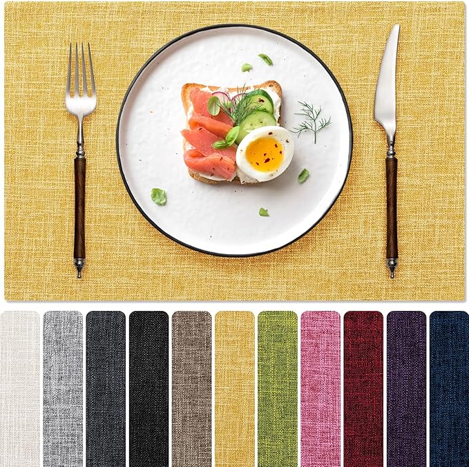 Blue Forest Placemats Set of 6, Dual-Layered Thickened Faux Linen Cloth Place Mats Heat Resistant Machine Washable Wrinkle Free Table Mats Indoor/Outdoor (Yellow)
