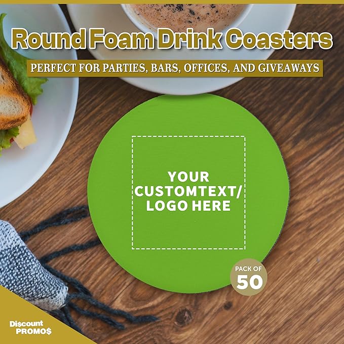 50 Round Foam Bud Coasters Pack, 4 inch - Customizable Text, Logo - PU Foam, Party Favor - Lime Green
