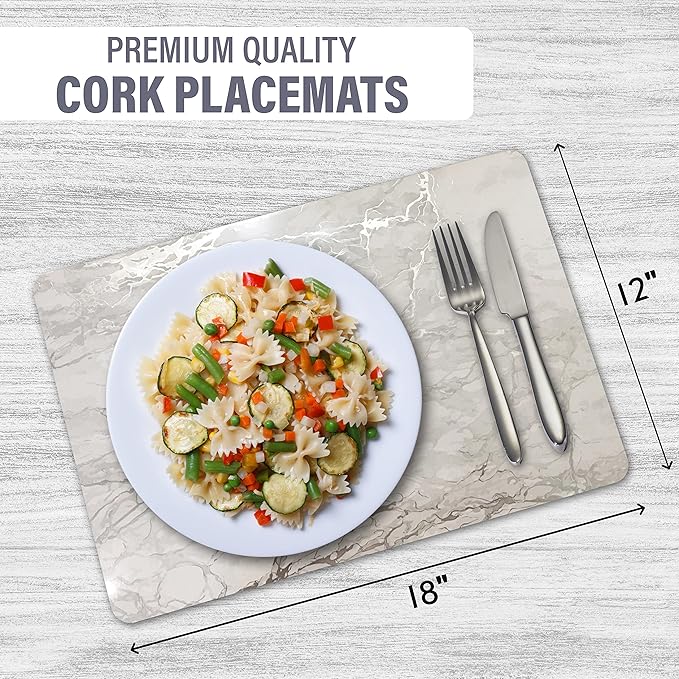 Dainty Home Foiled Granite Thick Cork Heat Resistant Dining Table Placemats Set of 2, 12" x 18" Rectangle, Marbled Silver, 2 Count - 2MC1218SI