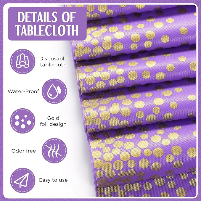 Breling 8 Pack Purple and Gold Disposable Plastic Tablecloths and Satin Table Runner Set, 54 x 108 Inch Tablecloth, 12 x 108 Inch Table Runners for Wedding Graduation Birthday Baby Shower New Year