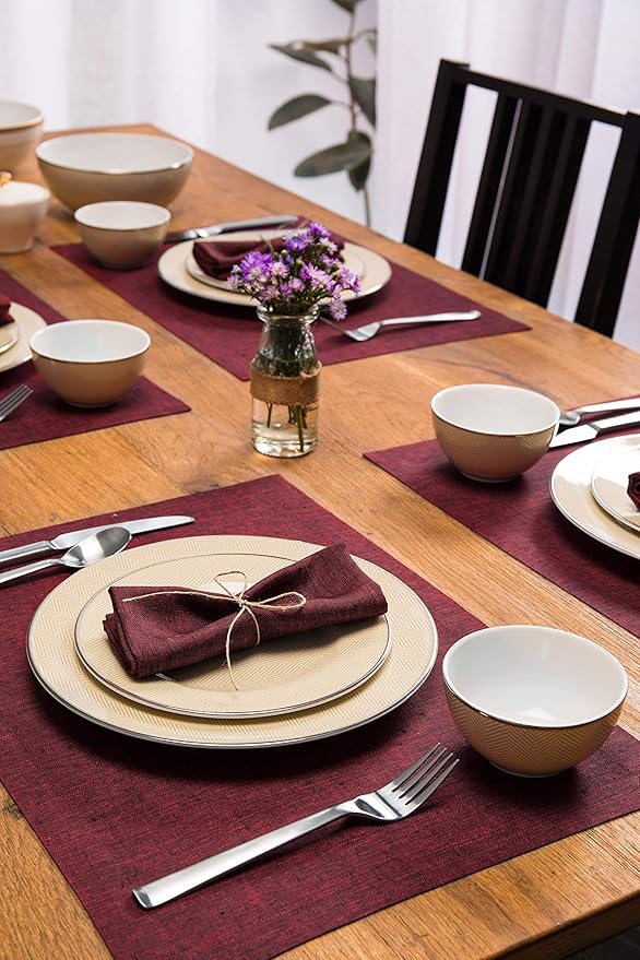 Solino Home Linen Placemats Set of 4 - Red Garnet Placemats 14 x 19 Inch - 100% Pure Linen Table Mats for Valentines, Winter - Athena