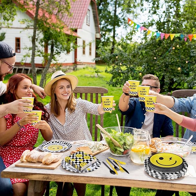 Kochorie 400 Pieces One Happy Dude Disposable Party Tableware Sets Including Plates Cups Napkins Cutlery Serves 50 for Smiley Party 1st Birthday Preppy Party Decorations
