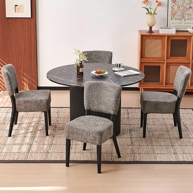 Howtek 5-Piece Modern Dining Room Set, 47" Faux Black Marble Round Dining Table with 4 Gray Space-Saving Upholstered Stackable Dining Chairs, Kitchen Table and Chairs Set for Home