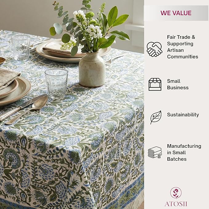 ATOSII Clover Blue 100% Cotton Rectangle Tablecloth, Handblock Floral Print Linen Table Cloth for Kitchen Dining I Parties, Outdoors, Fall Christmas Thanksgiving Holidays I 72 X 108 Inches I 8 Seater