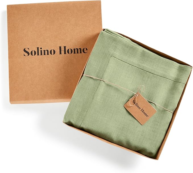 Solino Home Linen Tablecloth 60 x 120 Inch - 100% Pure Linen Chambray Olive Table Cloth for Rectangle Tables - Athena, Machine Washable Tablecloth for Spring, St Patricks Day