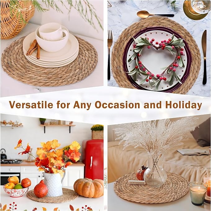 GENMOUS Woven Placemats Set of 6, 13" Round Placemats Natural Water Hyacinth Boho Placemats, Farmhouse Rattan Chargers for Dinner Plates,Rustic Braided Wicker Table Mats for Dining Table,Home,Wedding