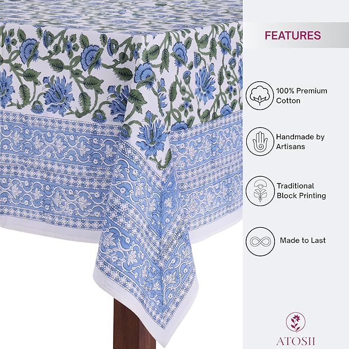 ATOSII Taj 100% Cotton Fall Tablecloth, Handblock Print Rectangle Table Cover for Kitchen Dining Linen I Parties, Thanksgiving, Christmas, Wedding, Table Cloth I 72 X 120 Inches I 10 Seater
