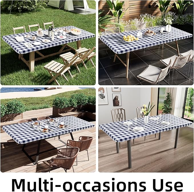 Smiry Rectangle Picnic Table Cloth, Elastic Waterproof Fitted Vinyl Tablecloths, Flannel Backed Buffalo Plaid Table Covers for Dining, Camping, Outdoor (White and Navy, 36" x 96")