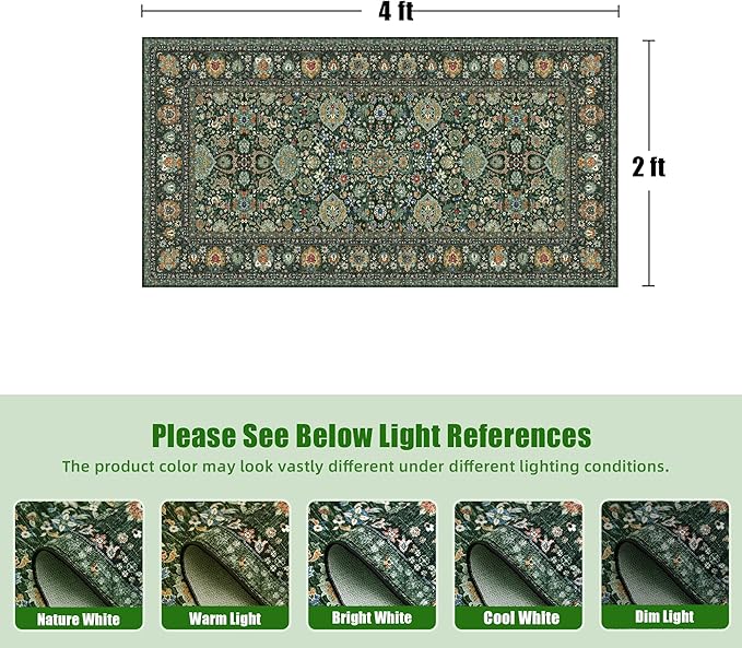 Dark Green Runner Rug 2x4 Rugs Boho Small Washable Runner Rugs for Entryway Bathroom Kitchen, Small Rugs Soft Low Pile Non-Slip Rubber Backing Oriental Door Mat