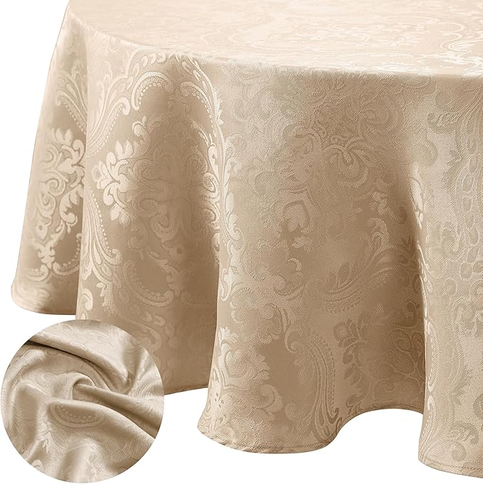 Elrene Home Fashions Caiden Elegance Damask Waterproof, Stain & Wrinkle Resistant Fabric Tablecloth, 90" Round, Taupe (Pack of 12)