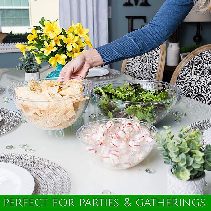 PLASTICPRO Disposable Combo Set of Salad Bowl Includes 4, 48 Ounce 4, 96 oz 4, 150 Ounce Round Crystal Clear Plastic Serving Bowl