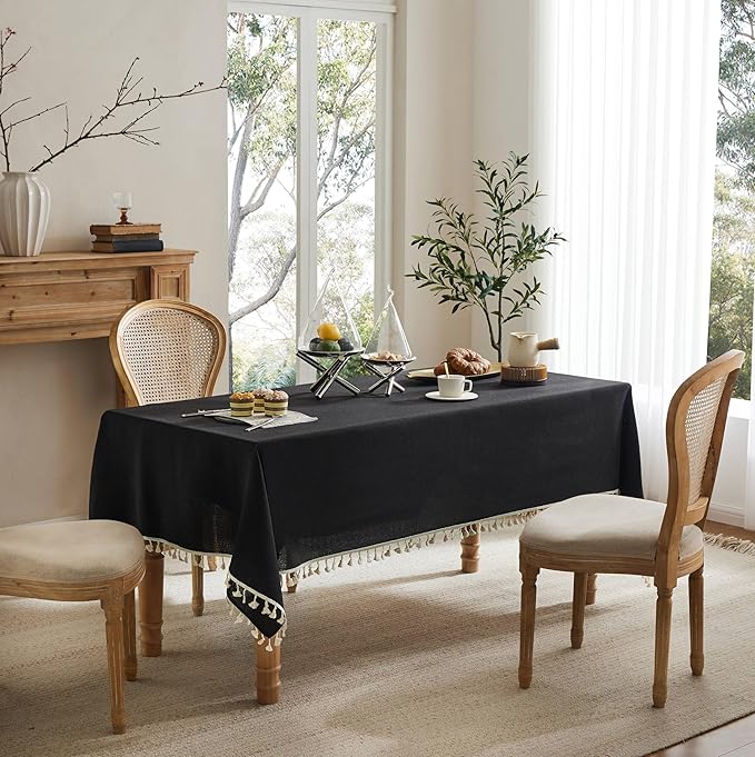 Linen Tablecloth with Tassels, Farmhouse Style Black Tablecloth, Water Resistant Burlap Tablecloths for Rectangle Table, 52x70 Inch Black