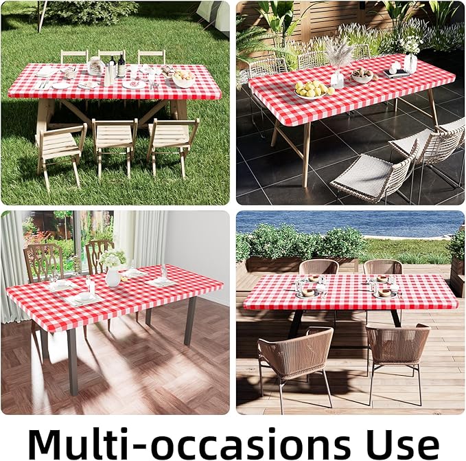 Smiry Rectangle Picnic Table Cloth, Elastic Waterproof Fitted Vinyl Tablecloths, Flannel Backed Buffalo Plaid Table Covers for Dining, Camping, Outdoor (White and Red, 30" x 60")