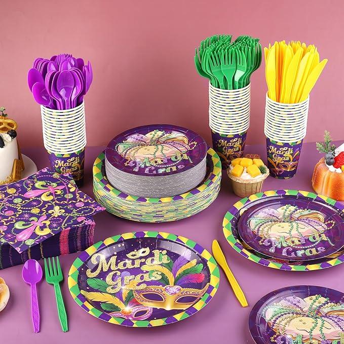 Kochorie 400 Pieces Mardi Gras Disposable Party Tableware Sets, Masquerade Table Decorations Including Plates Cups Napkins Cutlery Serves 50 for Carnival Birthday Mardi Gras Party Supplies