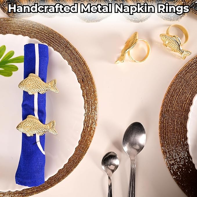 ALPHA Living HOME 12 Pcs Decorative Fish Metal Napkin Ring for Table Settings Napkins Ring for Dining, Anniversary, Birthday, Romantic Dinner, Holiday, Party of Table Setting, Wedding Table (Gold)