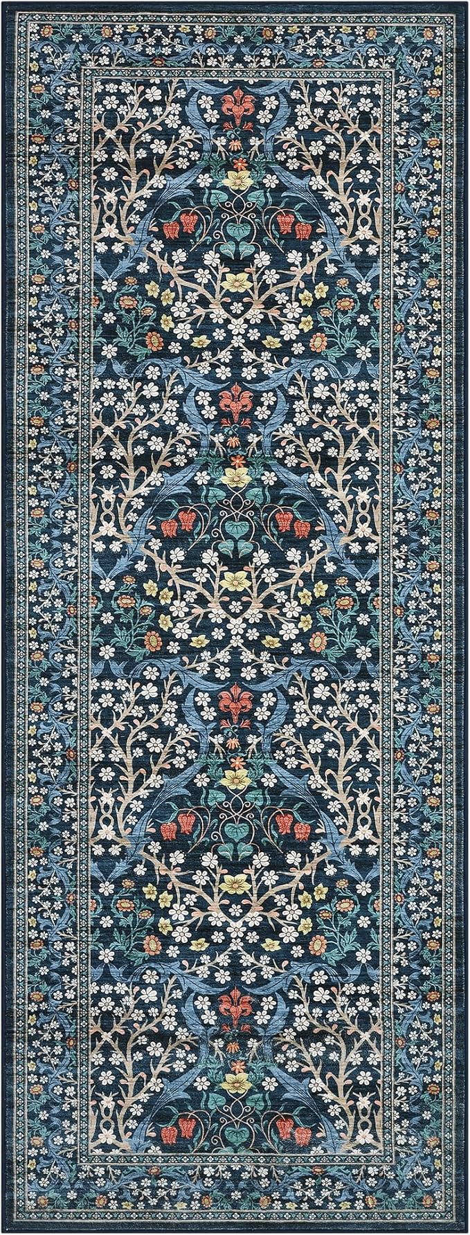 GarveeHome Floral Hallway Runner Rug Non-Slip, 2.5x10 Washable Rugs Ultra-Thin Soft Rug for Hallways, Kitchen Mat Stain Resistant Carpet for Entryway Bathroom, Dark Blue