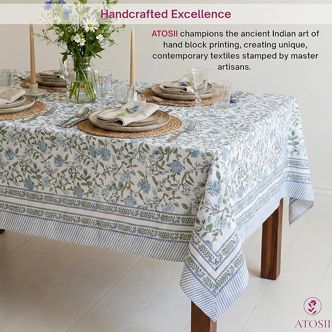 ATOSII Mahoka Blue 100% Cotton Rectangle Spring Tablecloth, Handblock Floral Linen Table Cloth for Kitchen Dining Table I Parties Weddings Outdoors Easter Home Decor 72 X 140 Inches I 12 Seater